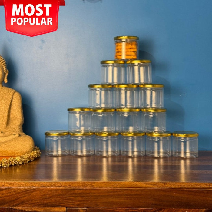 Plastic Transparent PET Storage Jars with Golden Lid | Airtight Containers for kitchen Storage, Dry Fruits, Chocolates, Sweets, & Gifting