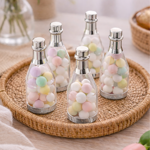 Silver Chandi Colour Champagne Design Plastic Storage Bottles (11.5 cm) | Perfect for Return Gifts, Chocolates, Dry Fruits & Invitations baatli,batli,chandi