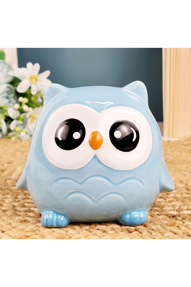 1 Piece Ceramic Blue Owl Design Gullak Piggy Bank for Rupees Savings - Coin Storage Tip Box Ideal for Kids and Adults - Money Kilona Pikibank ATM Coinbox Gulak (Pack of 1) (Blue)