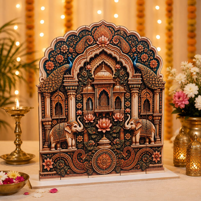3D Look Ganpati Backdrop MDF | 3 Royal Designs – Elephant, Peacock & Palace | Decorative Backdrop for Ganpati Decoration, Mandap, Pooja & Home Temple  Description