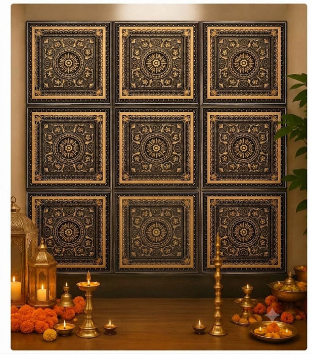 Premium Ganpati  Bappa Backdrop Wall Panels (9 pcs set) | 30 × 30 CM Each Panel | 90 × 90 CM DIY Mandap Background | 9 Panels | 3 Designs | Includes Double-Sided Tape