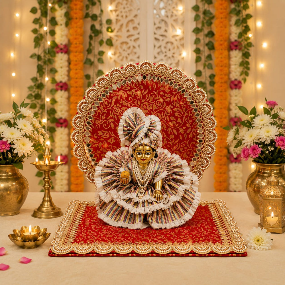 Premium Ganpati & Kanha Ji Singhasan Backdrop Set | Red Gold Finish Mirror Lace | square size 31×31 cm ,  Round Backdrop 31x31 cm  | Pooja Decoration