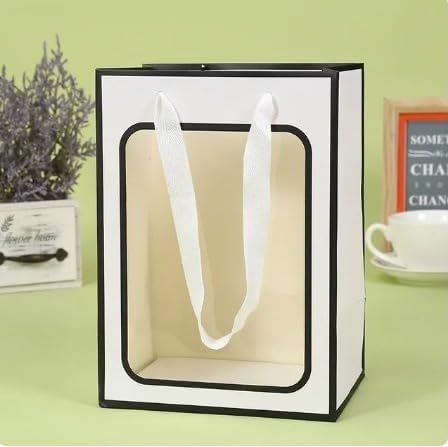 10 Pcs Big Size Transparent Window White Bag With Black Border Goodie Bags With Handle Gift Bag,Hamper Bag,Carry Bags,Shopping Gift Bag,Gift For Gifting,Presents,Return Gifts,Birthday,Party,Wedding,Festivals,Events.