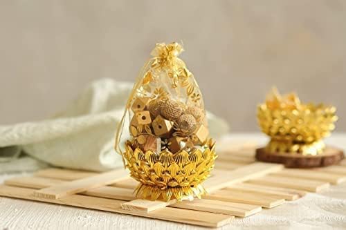 SATYAM KRAFT Golden Lotus Decorative Box For Multipurpose Use, Traditional Gifting, Potli, Golden Bag, Decoration & DIY for Wedding Gift, Return Gift ,Christmas Gifting (Gold, Lotus) (17 x 9 cm)