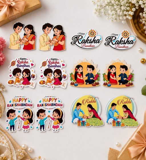 12 pcs  Raksha Bandhan MDF Cutouts (2 to 3 inches ) | 6 Assorted Designs × 2 Each | Decorative Craft Embellishments for Rakhi Hampers, Gift Boxes & DIY Projects