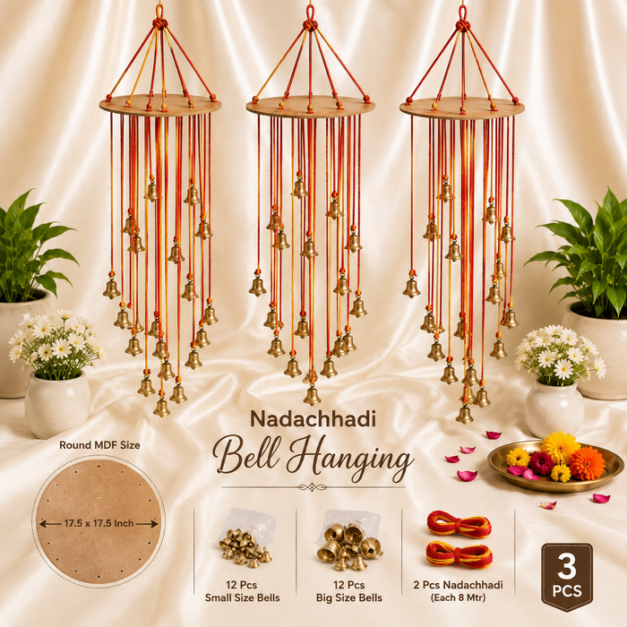 Nadachhadi / Mauli Thread ,Bell Decor DIY Kit With Round MDF  | DIY Hanging  Kit for Ganpati, Janmashtami, Navratri & Diwali Decoration