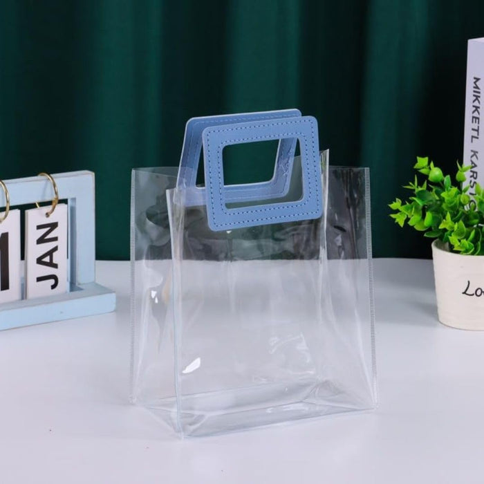 12 Pcs Small Transparent Bags with Square Handle Gift Paper Bag, Carry Bags, Gift Bag, Gift for Birthday, Valentine, Marriage, Festivals, Season's Greetings and Events (Blue) (Small)(18 x 9 x 24 cm)