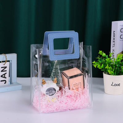 12 Pcs Small Transparent Bags with Square Handle Gift Paper Bag, Carry Bags, Gift Bag, Gift for Birthday, Valentine, Marriage, Festivals, Season's Greetings and Events (Blue) (Small)(18 x 9 x 24 cm)