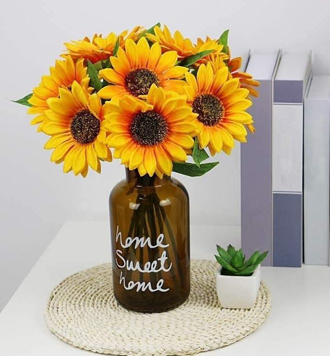 SATYAM KRAFT 6 pcs of Artificial Sunflowers for Home,Artificial Sunflowers Bouquets, Office, Bedroom, Balcony,Table, Bouquet, Living Room Decoration and Craft (Yellow )
