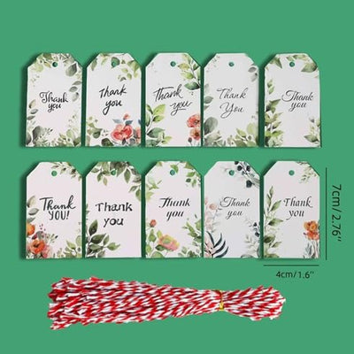 50 Pcs Floral Print Thank You Gift Tags with String – Elegant craft Paper Tags for Wedding, Birthday, Return Gifts & Hampers.