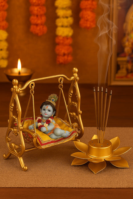 3 Pcs Golden Lotus Metal Agarbatti Stand – Premium Incense Stick Holder (13 cm x 3 cm)