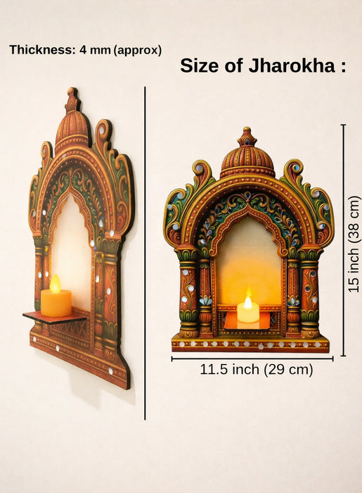 DIY Traditional Jharokha Mirror Kit (No Drill Required) with Free LED Candle & Hook – 2D Wooden MDF Wall Hanging Decor for Home, Mandir, Living Room, Festive Gifting & Decoration Showpiece