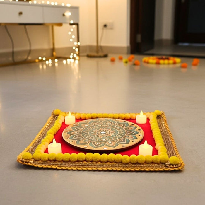3D Mat Mandala Velvet  Rangoli with DIY Mirror Kit & 4 Free LED Candles – Festival Home Décor