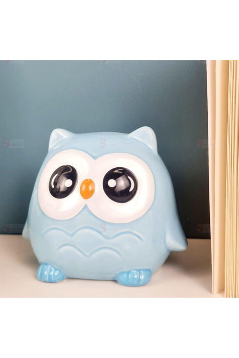 1 Piece Ceramic Blue Owl Design Gullak Piggy Bank for Rupees Savings - Coin Storage Tip Box Ideal for Kids and Adults - Money Kilona Pikibank ATM Coinbox Gulak (Pack of 1) (Blue)
