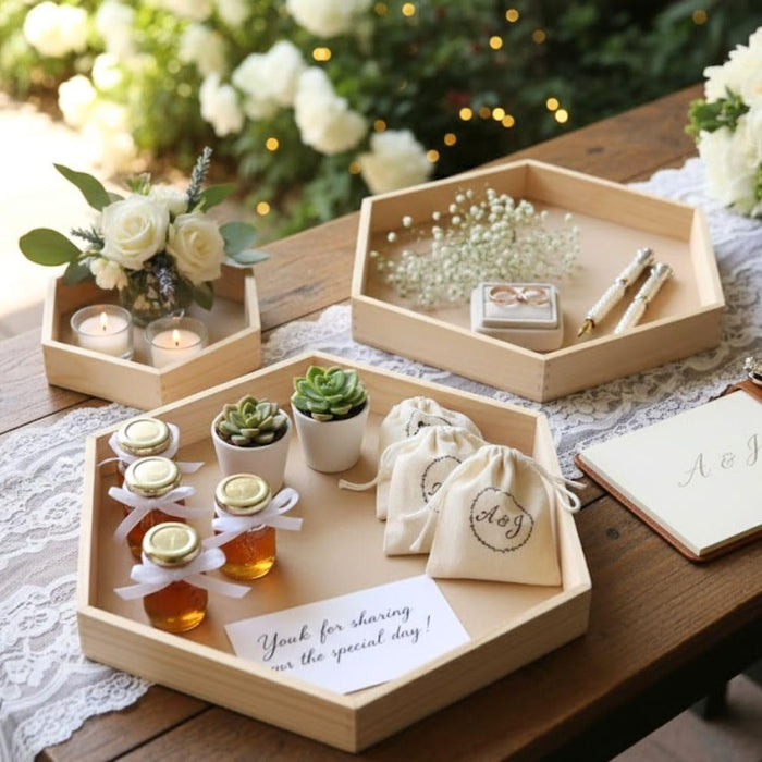 MDF Hexagon Trousseau Pinewood Attractive Decorative Art Tray for Home Decor, Saree, Clothes Packaging for Gifting in Hampers, DIY Craft.