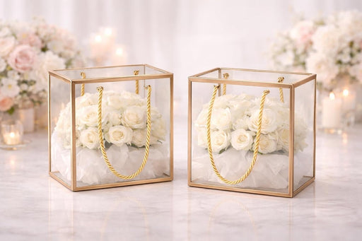 Medium Square Trasparent Golden border Bag Goodie Bags Gift bag, gift For new year Gifting, marriage Return Gifts, Birthday, Wedding, Party, Season's Greeting (Golden) (20 x 9 x 20)cm