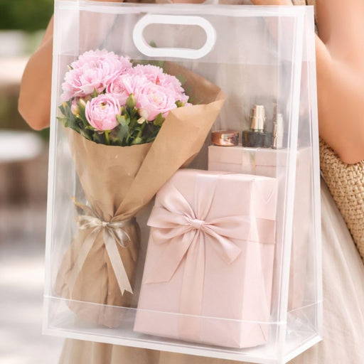 Medium size Translucent Goodie Bags with Handles - Clear Gift Bags, Hamper, Shopping, Wedding Return, Birthday, Festivals & Event Bags (WHITE BORDER) (35x24x10 cm)