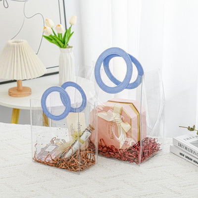 6 Pcs Big Transparent Bags with Round Handle Gift Paper Bag, Carry Bags, Gift Bag, Gift for Birthday, Valentine, Marriage, Festivals, Season's Greetings and Events (Blue) (Big)(27.5 x 14 x 24.5 cm)