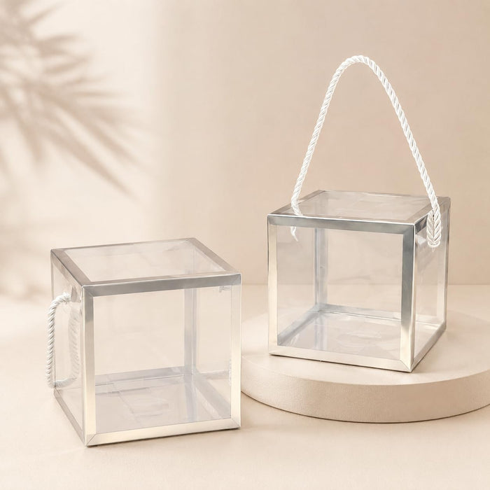 Clear Transparent Gift Box with Frame and Rope Handle for Hampers, Wedding Gifts, Return Gifts, Chocolates, Dry Fruits, Cosmetics, Baby Shower, Festive Gifting & Premium Gift Packaging (12 cm x 12 cm x 12 cm)