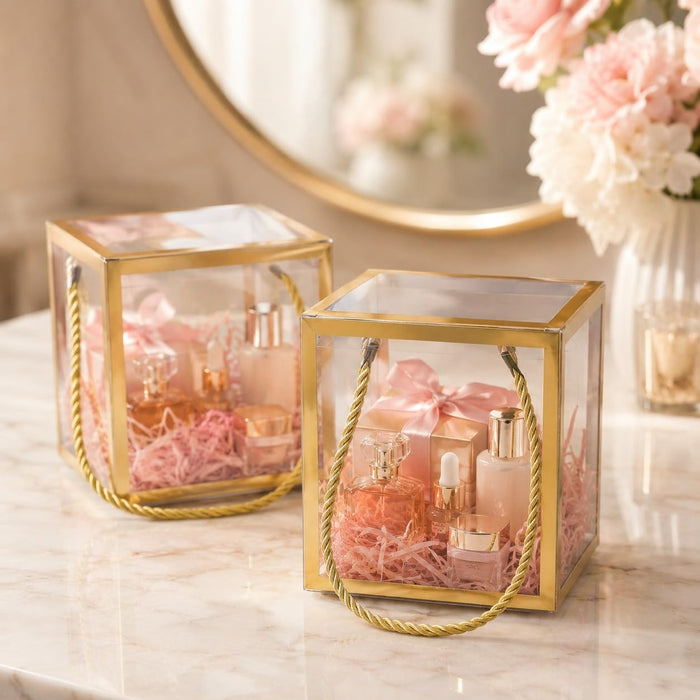 Clear Transparent Gift Box with Frame and Rope Handle for Hampers, Wedding Gifts, Return Gifts, Chocolates, Dry Fruits, Cosmetics, Baby Shower, Festive Gifting & Premium Gift Packaging (12 cm x 12 cm x 12 cm)