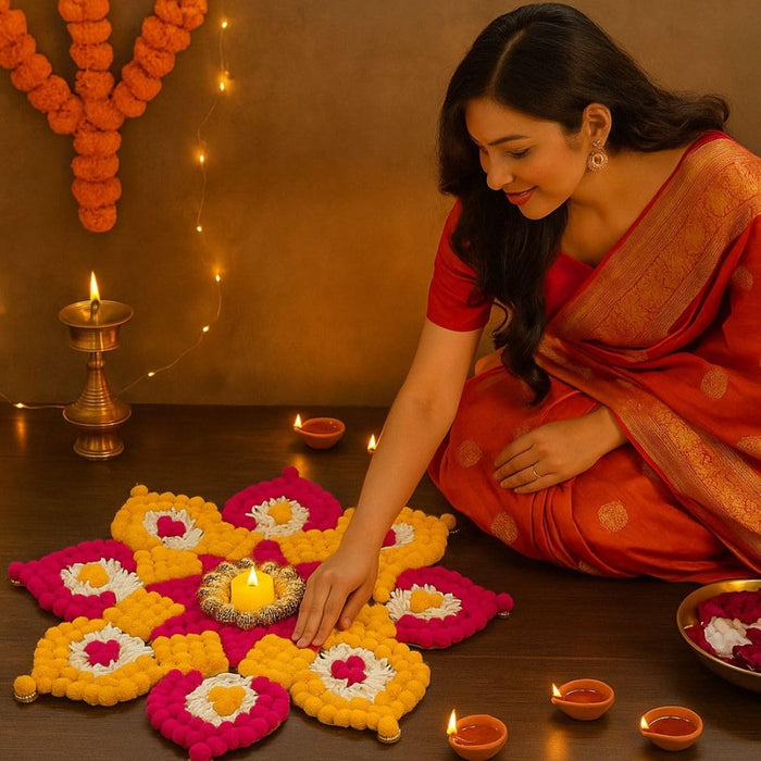 1 Piece Rajwadi Multi Colour Flower pompom Design Rangoli, Easy to Use. Just Set up with your own choice and make Rangoli for Floor Home Diwali Decoration DIY