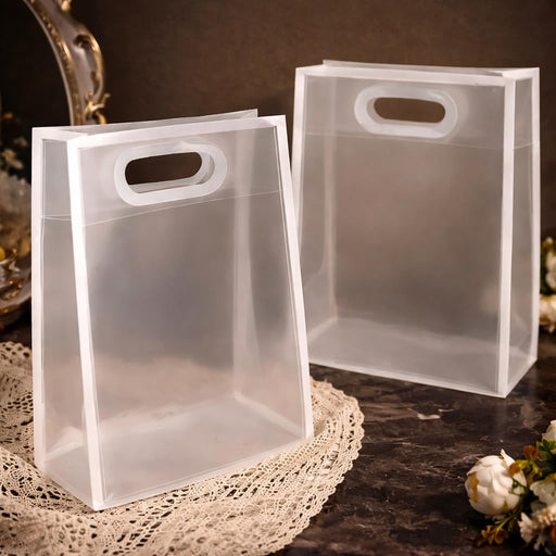 Medium size Translucent Goodie Bags with Handles - Clear Gift Bags, Hamper, Shopping, Wedding Return, Birthday, Festivals & Event Bags (WHITE BORDER) (35x24x10 cm)