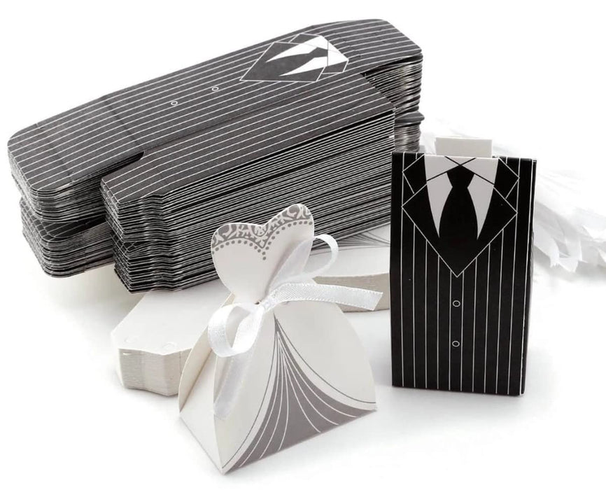 SATYAM KRAFT 40pcs (20 Bride and 20 groom) style shaped candy Folding Storage Box for Return Gift , Birthday, Valentine's Day - Cardboard Boxes with Ribbon, Perfect for Packing Chocolate, Dry Fruits, and Invitations (Black & White)