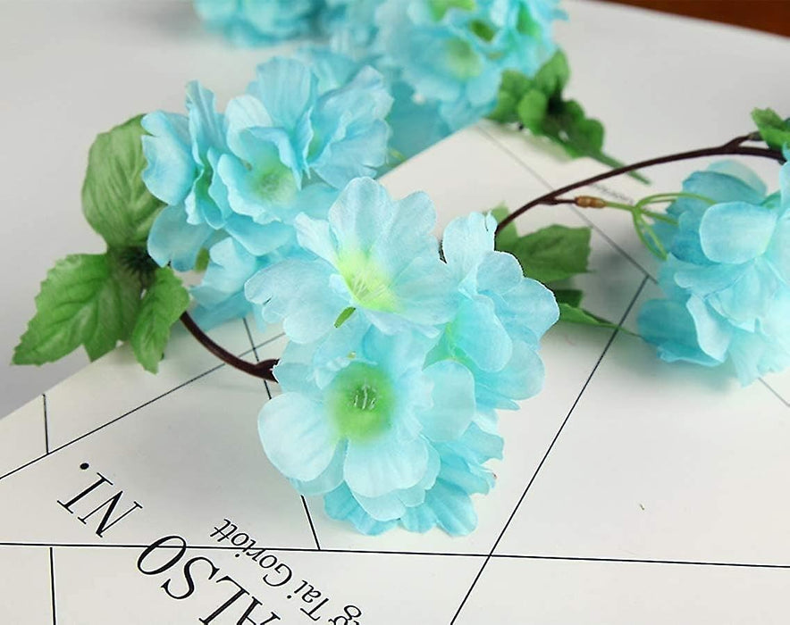 Artificial Cherry Blossom Rattan Flowers(Sky Blue) Wall Hanging Decorative Vine String Lines Items for Diwali Decoration, Backdrop for Pooja Room, Home Decor (230 cm)