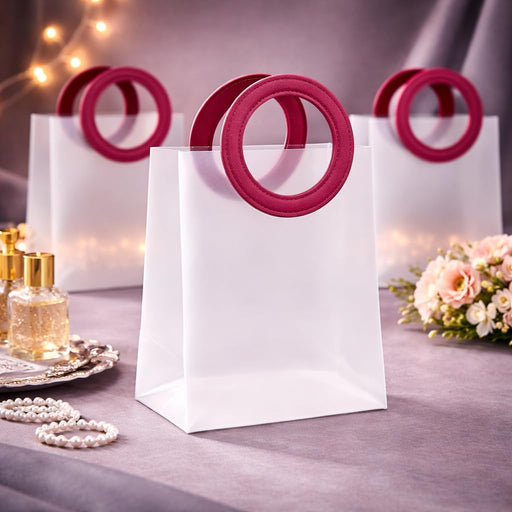 Translucent Bags Goodie Bags With Handle Gift bag, hamper bag, Carry Bags, shopping gift bag for Gifting, Presents, Packing, Return Gifts, Birthday, Events (Small)(16 X 6 X 18.5 CM) maroon