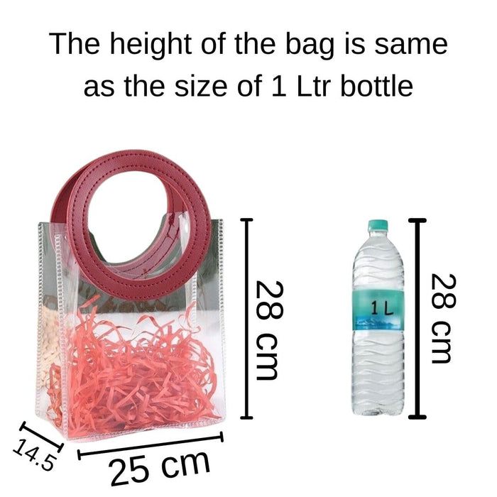 6 PCS Big Transparent Bags with Circle Handle Gift Paper Bag, Carry Bags, Gift Bag, Gift for Birthday, Valentine, Marriage, Festivals, Season's Greetings and Events (Maroon) (Big)(25x 14.5 x 28 cm)