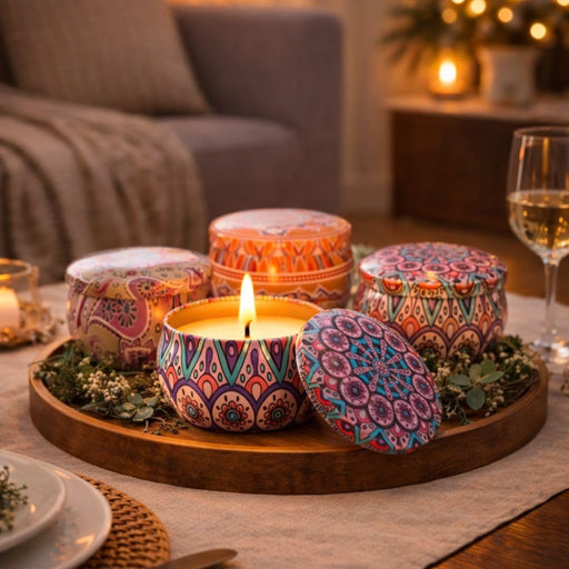 Tin Can Round Shape Aroma Scented Soy Wax Candle Gift Perfect for Candlelight Dinner, Home Decoration, Aroma Fragrance (Random Color, Pack of 6)