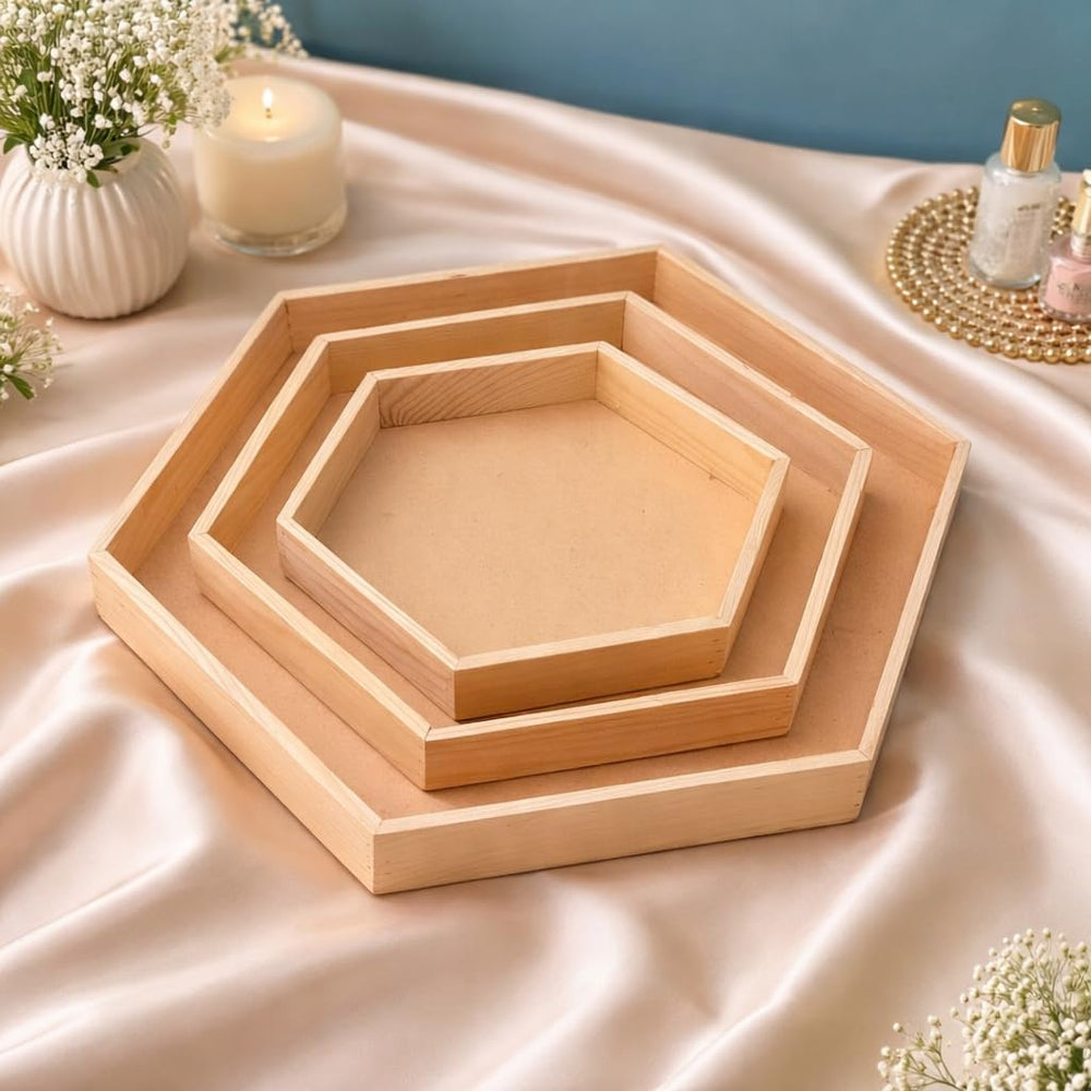 MDF Hexagon Trousseau Pinewood Attractive Decorative Art Tray for Home Decor, Saree, Clothes Packaging for Gifting in Hampers, DIY Craft.