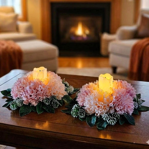 2 Pcs Artificial Flower Center Table Candle Holders with LED candle for Center Table Decor, LED Tealight Candle with Artificial Floral Arrangement, Home Decoration, Housewarming, Wedding, and Festive Decor(10 Inch)