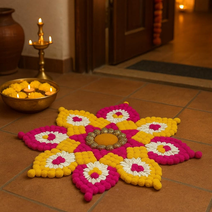 1 Piece Rajwadi Multi Colour Flower pompom Design Rangoli, Easy to Use. Just Set up with your own choice and make Rangoli for Floor Home Diwali Decoration DIY