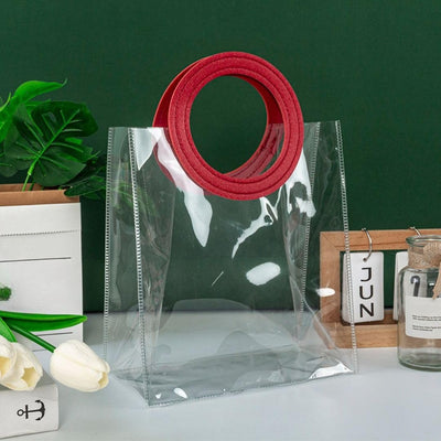 Small Transparent Bags with Circle Handle Gift Paper Bag, Carry Bags, Gift Bag, Gift for Birthday, Valentine, Marriage, Festivals, Season's Greetings and Events (Maroon) (Small)(18 x 9 x 20 cm)