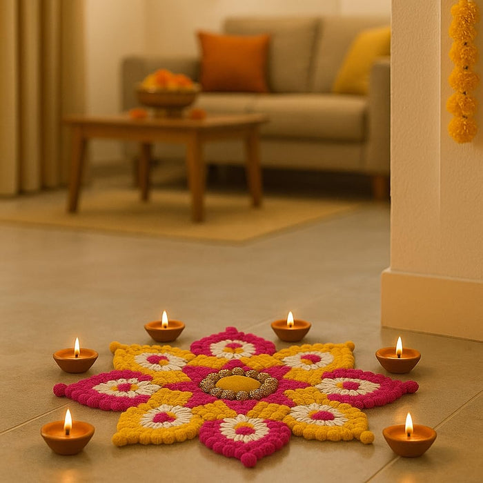 1 Piece Rajwadi Multi Colour Flower pompom Design Rangoli, Easy to Use. Just Set up with your own choice and make Rangoli for Floor Home Diwali Decoration DIY