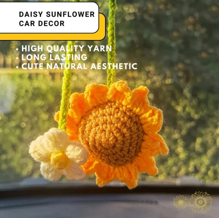 2 Pcs Artificial Sunflower Crochet Hanging Ornament for Home Decor | Handmade Sunflower Car Mirror Hanging Accessory | Crochet Flower Car Dashboard Decoration | Home, Window, Door