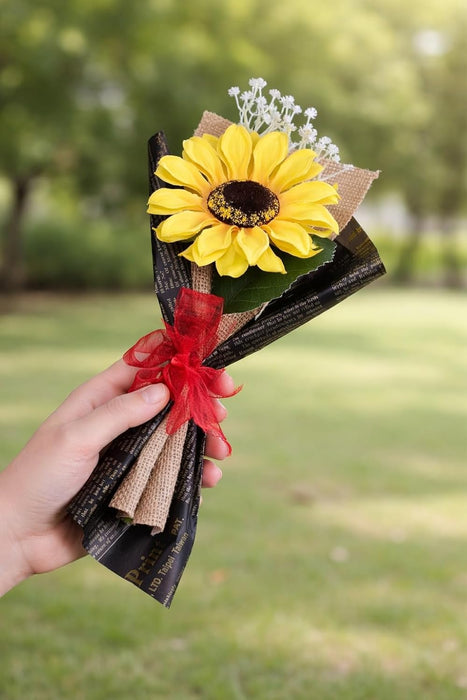 Ready to use Bouquet Artificial Flower White BabysBreath & Sunflower Gypsy Wrapped for Best Wishes,Gifting,Housewarming,Wedding,Office,Welcoming, Surprice,Gift for her/him Birthday,Anniversary