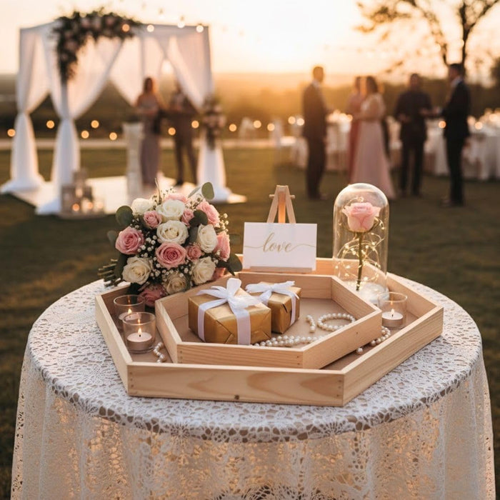 MDF Hexagon Trousseau Pinewood Attractive Decorative Art Tray for Home Decor, Saree, Clothes Packaging for Gifting in Hampers, DIY Craft.