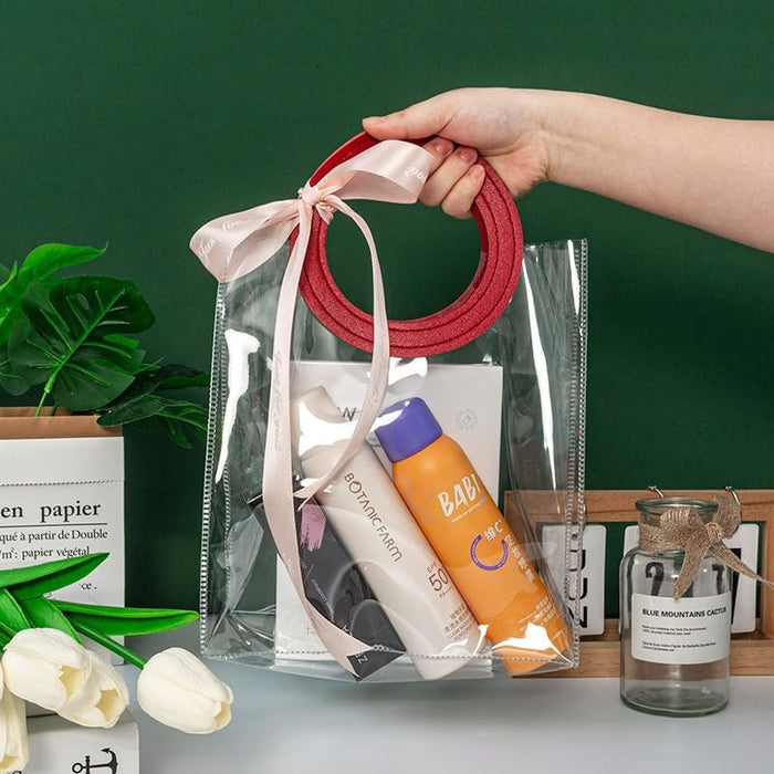 6 PCS Big Transparent Bags with Circle Handle Gift Paper Bag, Carry Bags, Gift Bag, Gift for Birthday, Valentine, Marriage, Festivals, Season's Greetings and Events (Maroon) (Big)(25x 14.5 x 28 cm)