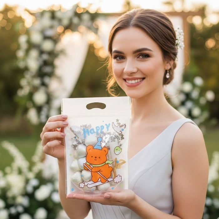 Small Random Teddy Design Ziplock Goodie Pouches With Handle For Gifting, Return Gifts, Birthday, Baby Shower, Party Pouches | Chocolate & Dry Fruit Packing