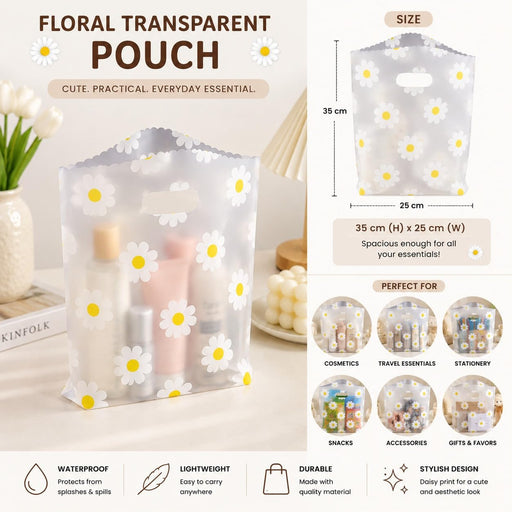 Daisy Print Frosted Plastic Gift Bag with Handle | Transparent Carry Bag for Gifts, Hampers & Return Favours