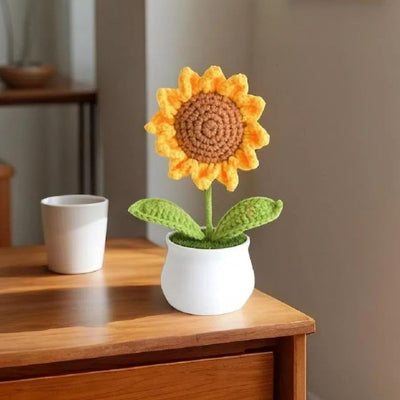 2 Pcs Handmade Sunflower Crochet Flowers with Pot Completed Hand Woven Sunflowers Daisy Knitted Potted flower Plants Cute Knitted Flower pot for Home Decoration,Table Top,Table Decoration,Knitted sunflower pot gift for her/him