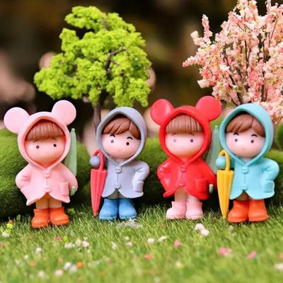 4 Pcs Miniature Cute Kids Figurines with Umbrella | DIY Fairy Garden Accessories | Mini Dollhouse Decoration | Home Décor, DIY Craft & Cake Topper (Multicolor)