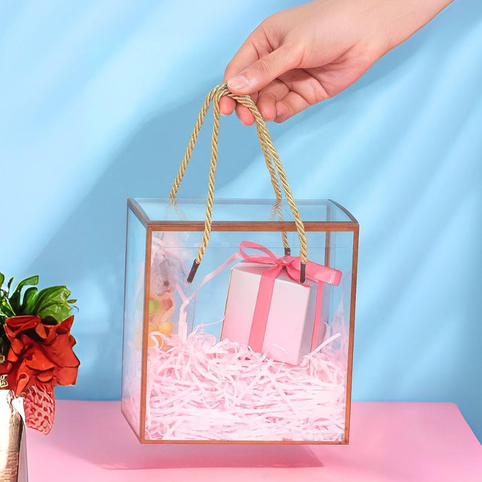 Medium Square Trasparent Golden border Bag Goodie Bags Gift bag, gift For new year Gifting, marriage Return Gifts, Birthday, Wedding, Party, Season's Greeting (Golden) (20 x 9 x 20)cm