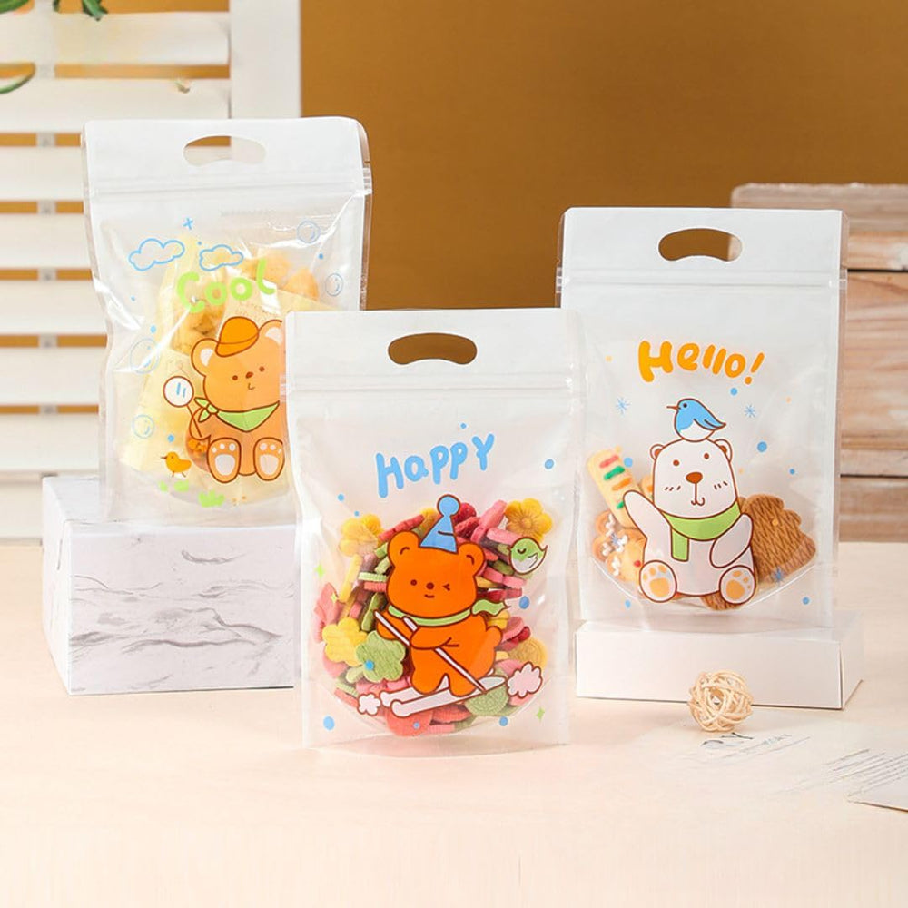 Small Random Teddy Design Ziplock Goodie Pouches With Handle For Gifting, Return Gifts, Birthday, Baby Shower, Party Pouches | Chocolate & Dry Fruit Packing