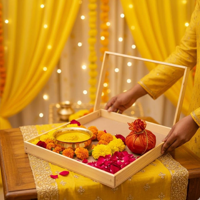 Multipurpose Decorative Pinewood  Rectangle Tray with handle for Gift Hamper,Wedding Gifting Boxes and Decoration Purpose.