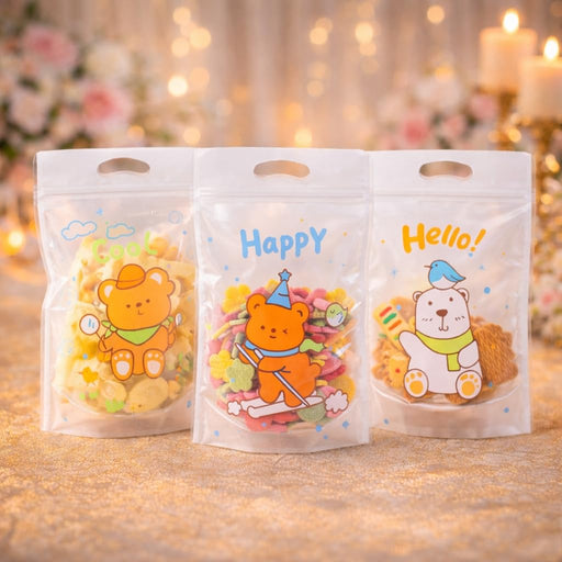 Small Random Teddy Design Ziplock Goodie Pouches With Handle For Gifting, Return Gifts, Birthday, Baby Shower, Party Pouches | Chocolate & Dry Fruit Packing