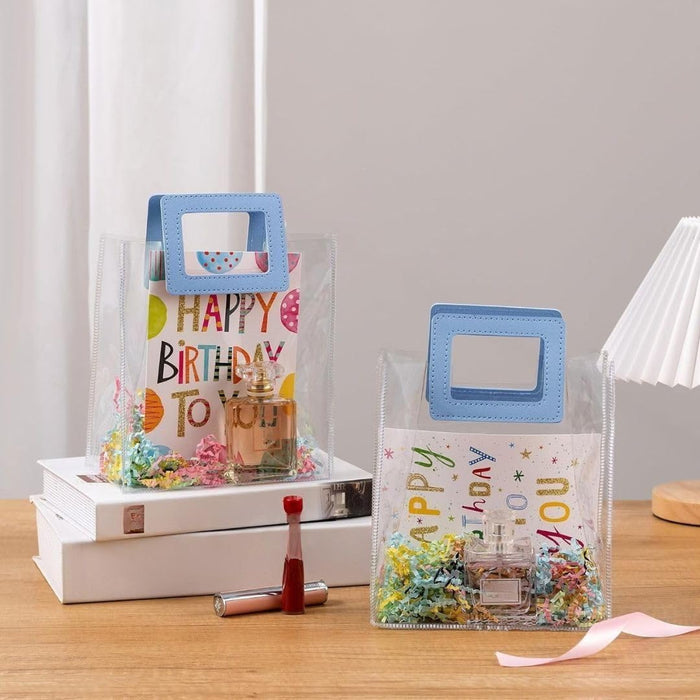 12 Pcs Small Transparent Bags with Square Handle Gift Paper Bag, Carry Bags, Gift Bag, Gift for Birthday, Valentine, Marriage, Festivals, Season's Greetings and Events (Blue) (Small)(18 x 9 x 24 cm)