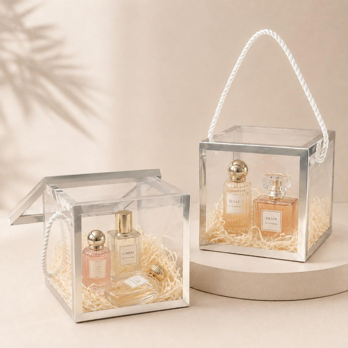 Clear Transparent Gift Box with Frame and Rope Handle for Hampers, Wedding Gifts, Return Gifts, Chocolates, Dry Fruits, Cosmetics, Baby Shower, Festive Gifting & Premium Gift Packaging (12 cm x 12 cm x 12 cm)